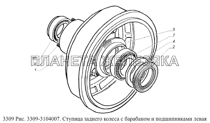 Ступица заднего колеса с барабаном и подшипниками левая ГАЗ-3309 (Евро 2)